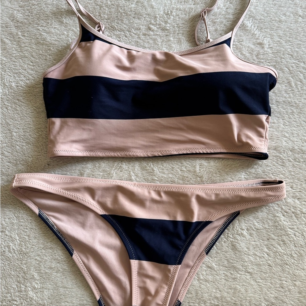 Aerie Striped Bikini Set in Navy Blue and Pastel Pink [Sports Cut]